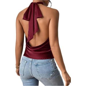 imageMakeMeChic Womens Halter Tops Satin Silk Backless Sleeveless Summer Camisole Going Out TopBurgundy