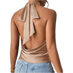 imageMakeMeChic Womens Halter Tops Satin Silk Backless Sleeveless Summer Camisole Going Out TopChampagne