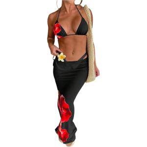imageMakeMeChic Womens Halter Triangle Bikini Sets Floral 3 Piece Swimsuit Bathing Suit Cover Up Long SkirtBlack