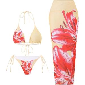 imageMakeMeChic Womens Halter Triangle Bikini Sets Floral 3 Piece Swimsuit Bathing Suit Cover Up Long SkirtBlackbeige