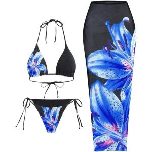 imageMakeMeChic Womens Halter Triangle Bikini Sets Floral 3 Piece Swimsuit Bathing Suit Cover Up Long SkirtBlackblue