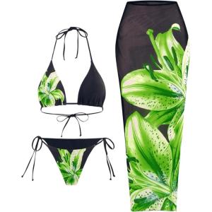 imageMakeMeChic Womens Halter Triangle Bikini Sets Floral 3 Piece Swimsuit Bathing Suit Cover Up Long SkirtBlackgreen