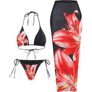 imageMakeMeChic Womens Halter Triangle Bikini Sets Floral 3 Piece Swimsuit Bathing Suit Cover Up Long SkirtBlackred
