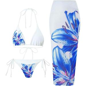 imageMakeMeChic Womens Halter Triangle Bikini Sets Floral 3 Piece Swimsuit Bathing Suit Cover Up Long SkirtBlue and White