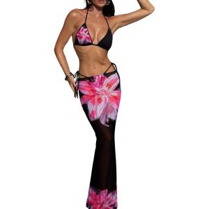 imageMakeMeChic Womens Halter Triangle Bikini Sets Floral 3 Piece Swimsuit Bathing Suit Cover Up Long SkirtFlower Black