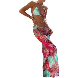 imageMakeMeChic Womens Halter Triangle Bikini Sets Floral 3 Piece Swimsuit Bathing Suit Cover Up Long SkirtGreen Floral