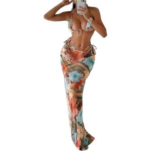 imageMakeMeChic Womens Halter Triangle Bikini Sets Floral 3 Piece Swimsuit Bathing Suit Cover Up Long SkirtMulti