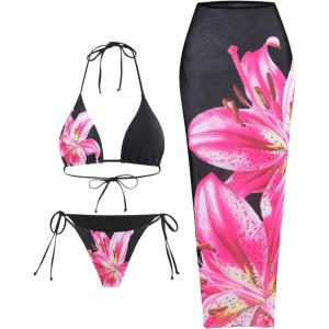 imageMakeMeChic Womens Halter Triangle Bikini Sets Floral 3 Piece Swimsuit Bathing Suit Cover Up Long SkirtMulticolor