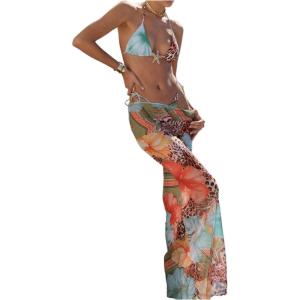 imageMakeMeChic Womens Halter Triangle Bikini Sets Floral 3 Piece Swimsuit Bathing Suit Cover Up Long SkirtMulticolor a