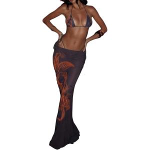 imageMakeMeChic Womens Halter Triangle Bikini Sets Floral 3 Piece Swimsuit Bathing Suit Cover Up Long SkirtOrange Black