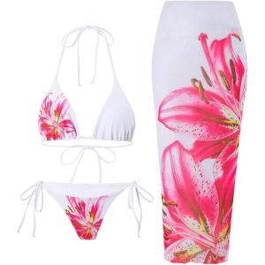 imageMakeMeChic Womens Halter Triangle Bikini Sets Floral 3 Piece Swimsuit Bathing Suit Cover Up Long SkirtWhite