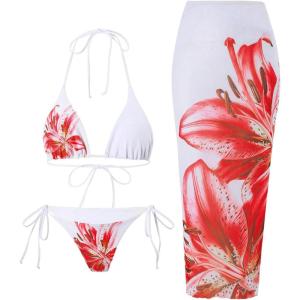 imageMakeMeChic Womens Halter Triangle Bikini Sets Floral 3 Piece Swimsuit Bathing Suit Cover Up Long SkirtWhite a