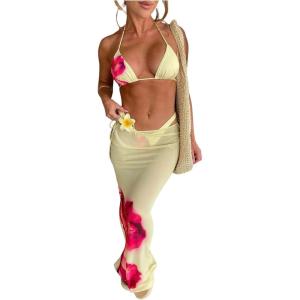 imageMakeMeChic Womens Halter Triangle Bikini Sets Floral 3 Piece Swimsuit Bathing Suit Cover Up Long SkirtYellow