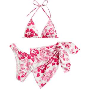 imageMakeMeChic Womens Halter Triangle Bikini Sets Leopard 3 Piece Swimsuit Bathing Suit Cover Up SkirtA Multi
