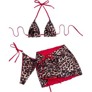imageMakeMeChic Womens Halter Triangle Bikini Sets Leopard 3 Piece Swimsuit Bathing Suit Cover Up SkirtBrown