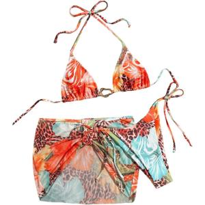 imageMakeMeChic Womens Halter Triangle Bikini Sets Leopard 3 Piece Swimsuit Bathing Suit Cover Up SkirtLeopard Flower