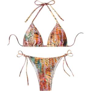 imageMakeMeChic Womens Halter Triangle Thong Bikini Sets High Cut Swimsuit Bathing Suit SwimwearAnimal Print