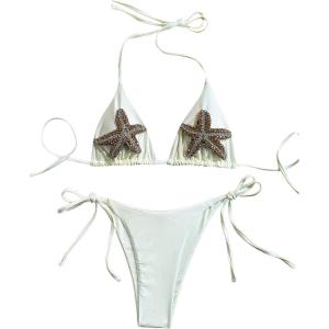 imageMakeMeChic Womens Halter Triangle Thong Bikini Sets High Cut Swimsuit Bathing Suit SwimwearBeige