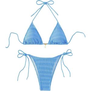 imageMakeMeChic Womens Halter Triangle Thong Bikini Sets High Cut Swimsuit Bathing Suit SwimwearBlue Color
