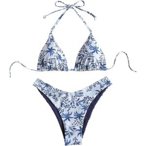 imageMakeMeChic Womens Halter Triangle Thong Bikini Sets High Cut Swimsuit Bathing Suit SwimwearBlue White