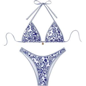 imageMakeMeChic Womens Halter Triangle Thong Bikini Sets High Cut Swimsuit Bathing Suit SwimwearBlue White a