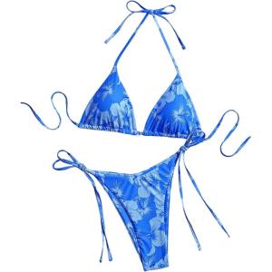 imageMakeMeChic Womens Halter Triangle Thong Bikini Sets High Cut Swimsuit Bathing Suit SwimwearDark Blue Floral