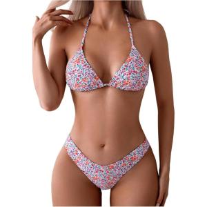 imageMakeMeChic Womens Halter Triangle Thong Bikini Sets High Cut Swimsuit Bathing Suit SwimwearDitsy Printed Floral