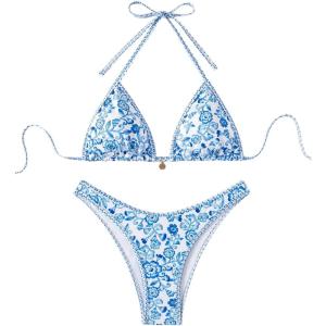 imageMakeMeChic Womens Halter Triangle Thong Bikini Sets High Cut Swimsuit Bathing Suit SwimwearFloral Print Multi