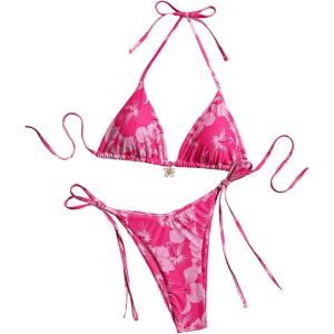 imageMakeMeChic Womens Halter Triangle Thong Bikini Sets High Cut Swimsuit Bathing Suit SwimwearFlower Pink