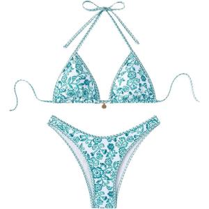 imageMakeMeChic Womens Halter Triangle Thong Bikini Sets High Cut Swimsuit Bathing Suit SwimwearGreen and White