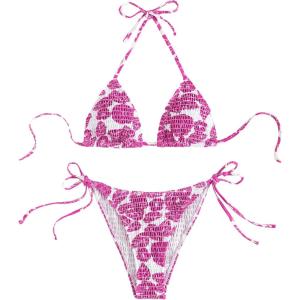 imageMakeMeChic Womens Halter Triangle Thong Bikini Sets High Cut Swimsuit Bathing Suit SwimwearHot Pink and White