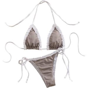 imageMakeMeChic Womens Halter Triangle Thong Bikini Sets High Cut Swimsuit Bathing Suit SwimwearPlaid Brown