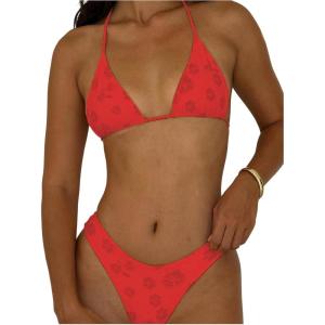 imageMakeMeChic Womens Halter Triangle Thong Bikini Sets High Cut Swimsuit Bathing Suit SwimwearRed a