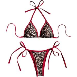 imageMakeMeChic Womens Halter Triangle Thong Bikini Sets High Cut Swimsuit Bathing Suit SwimwearRed and Brown