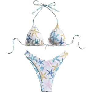 imageMakeMeChic Womens Halter Triangle Thong Bikini Sets High Cut Swimsuit Bathing Suit SwimwearStar White Blue