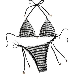 imageMakeMeChic Womens Halter Triangle Thong Bikini Sets High Cut Swimsuit Bathing Suit SwimwearStriped