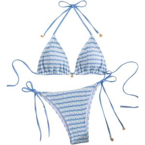 imageMakeMeChic Womens Halter Triangle Thong Bikini Sets High Cut Swimsuit Bathing Suit SwimwearStriped Blue