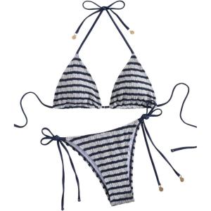 imageMakeMeChic Womens Halter Triangle Thong Bikini Sets High Cut Swimsuit Bathing Suit SwimwearStriped Blue a