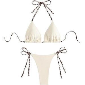 imageMakeMeChic Womens Halter Triangle Thong Bikini Sets High Cut Swimsuit Bathing Suit SwimwearWhite Leopard