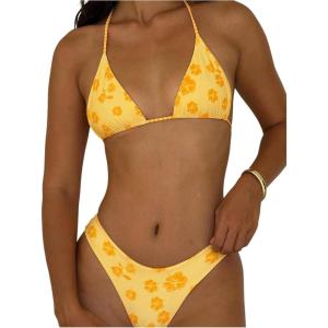 imageMakeMeChic Womens Halter Triangle Thong Bikini Sets High Cut Swimsuit Bathing Suit SwimwearYellow