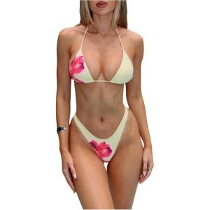 imageMakeMeChic Womens Halter Triangle Thong Bikini Sets High Cut Swimsuit Bathing Suit SwimwearYellow Floral