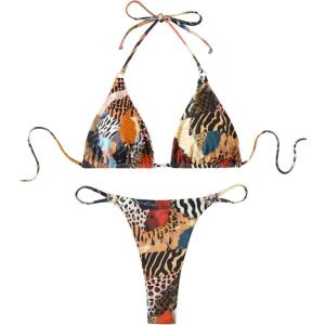 imageMakeMeChic Womens Halter Triangle Thong Bikini Sets High Cut Swimsuit Bathing Suit SwimwearZebra Pattern Print