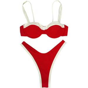 imageMakeMeChic Womens High Waisted Bikini Sets Color Block 2 Piece Swimsuit Bathing SuitRed