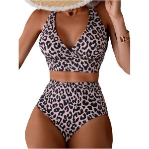 imageMakeMeChic Womens Leopard Print High Waisted Bikini Sets Halter Bathing Suit SwimsuitsMulticolor