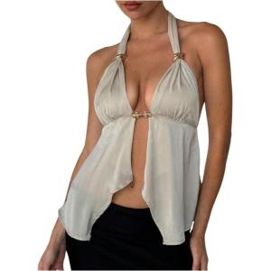 imageMakeMeChic Womens Satin Halter Tops Metal Ring Tie Open Back Asymmetrical Ruffle Tank TopsApricot