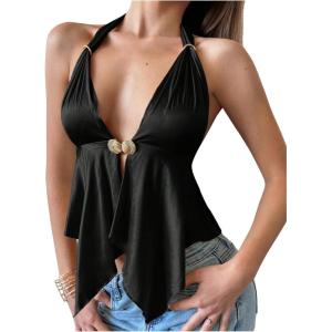 imageMakeMeChic Womens Satin Halter Tops Metal Ring Tie Open Back Asymmetrical Ruffle Tank TopsBlack