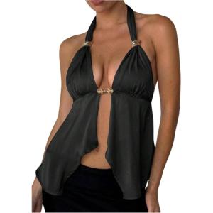 imageMakeMeChic Womens Satin Halter Tops Metal Ring Tie Open Back Asymmetrical Ruffle Tank TopsBlack B