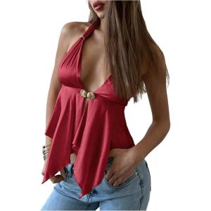 imageMakeMeChic Womens Satin Halter Tops Metal Ring Tie Open Back Asymmetrical Ruffle Tank TopsRedwood
