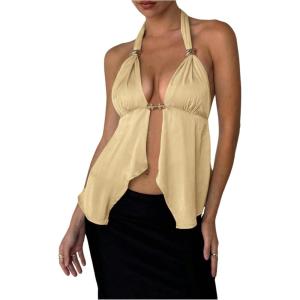 imageMakeMeChic Womens Satin Halter Tops Metal Ring Tie Open Back Asymmetrical Ruffle Tank TopsYellow