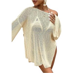 imageMakeMeChic Womens Sheer Bell Sleeve Cover Ups Split Knit Summer Swimsuits CoverupApricot